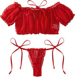 Women Sexy Lingerie Set|Conjunto de lencería sexy de malla transparente de lunares con lazo elástico y fruncido de 2 piezas, Talla M panty ajustable