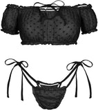 Women Sexy Lingerie Set|Conjunto de lencería sexy de malla transparente de lunares con lazo elástico y fruncido de 2 piezas, Talla M panty ajustable