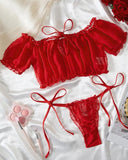 Women Sexy Lingerie Set|Conjunto de lencería sexy de malla transparente de lunares con lazo elástico y fruncido de 2 piezas, Talla M panty ajustable