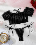 Women Sexy Lingerie Set|Conjunto de lencería sexy de malla transparente de lunares con lazo elástico y fruncido de 2 piezas, Talla M panty ajustable